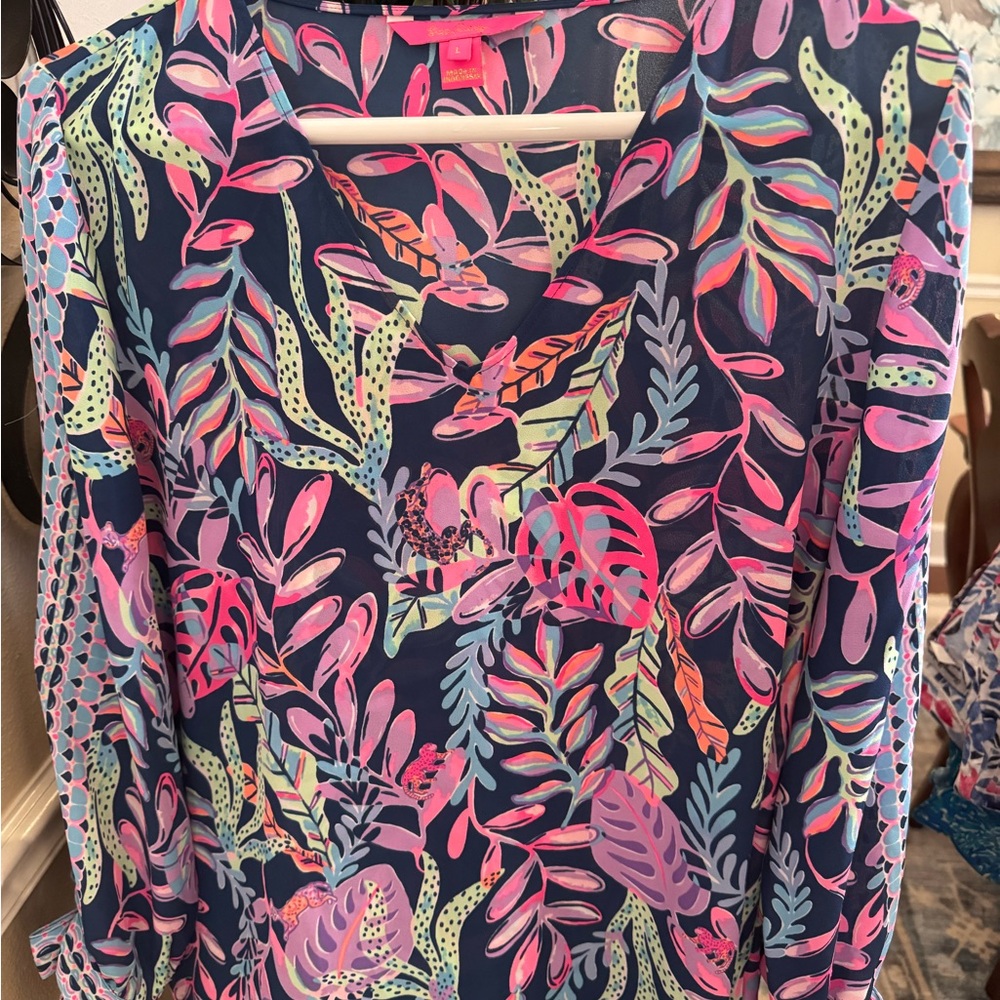 Lilly Pulitzer Navy and Pink Floral Blouse